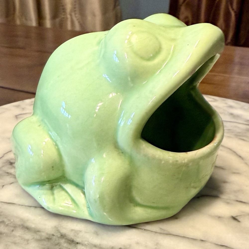 VTG 70s Ceramic Green Frog Wide Mouth Kitchen Sponge Rag Scrubber Holder Planter